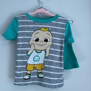 Cocomelon Matching Pyjama Shorts & Shirt Set Teal Gray Stripes 3T